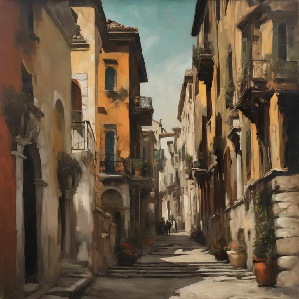 Αρχιτεκτονική πολιτισμικής κληρονομιάς με τέχνη σε ιστορική γειτονιά, ζωγραφική εικόνα γεμάτη παράδοση και πολιτιστική έκφραση.