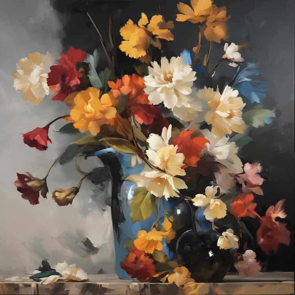 Φωτογραφία με πολύχρωμα λουλούδια σε βάζο, τέχνη και πολιτιστική κληρονομιά διαχέεται μέσα από την ζωγραφική.