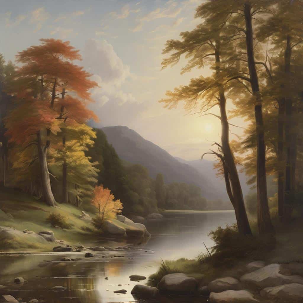 Ομορφιά της φύσης και τέχνη σε φθινοπωνικό τοπίο με ποταμό και δέντρα.