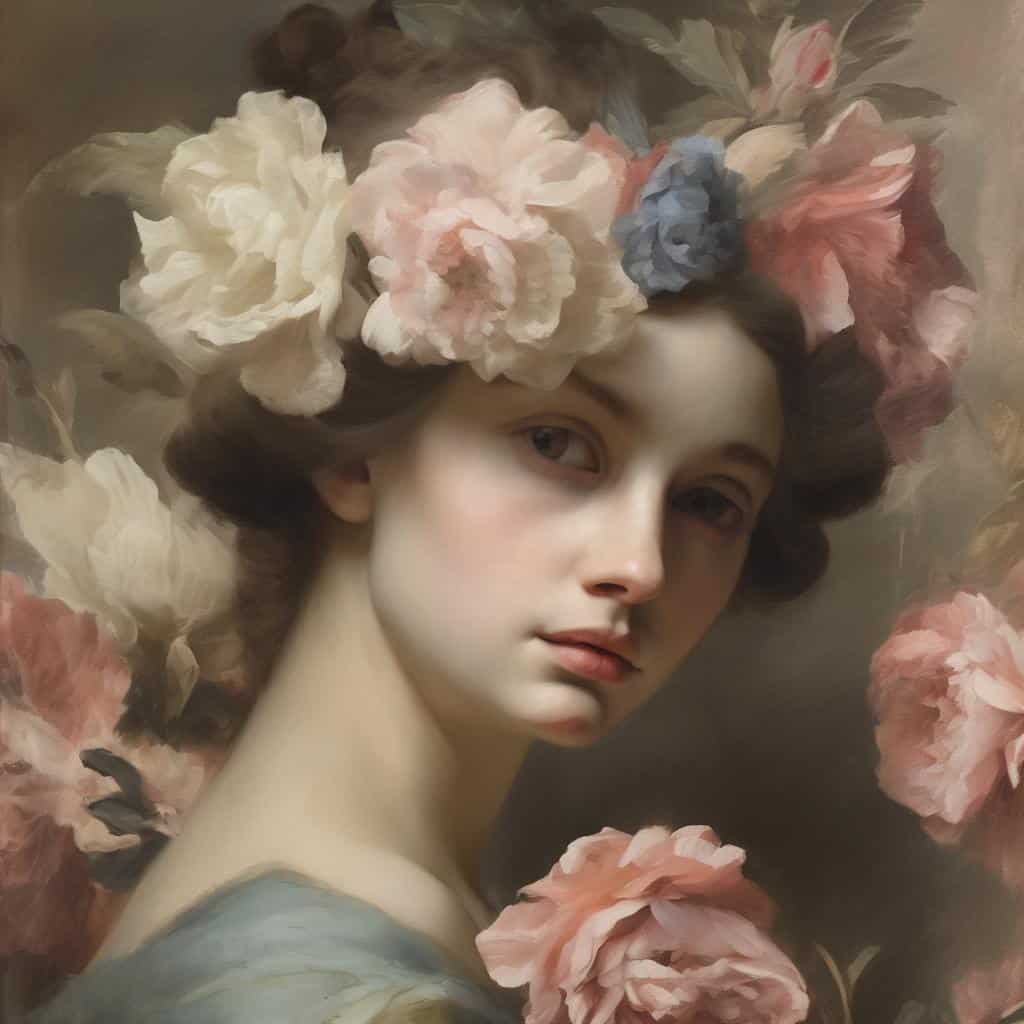 Ομορφη νεαρή γυναίκα με λουλουδάτη κοτσίδα, ζωγραφισμένη σε ρεαλιστικό στυλ, με ροζ, μπλε και λευκά άνθη.